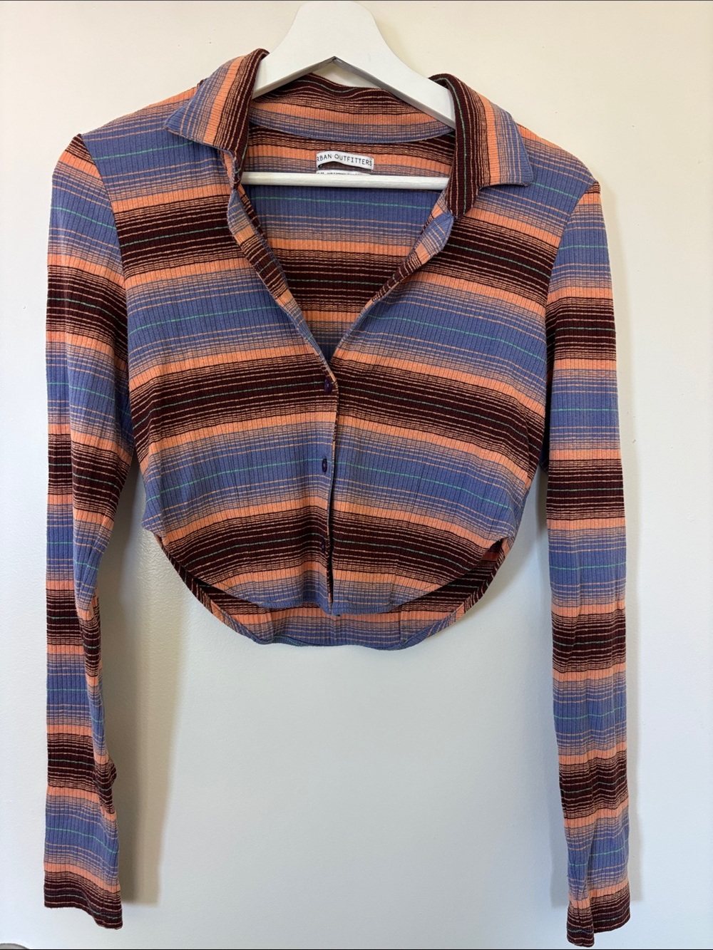 Medium Urban Outfitters Striped Collared Crop Top in Blue, Peach, and Brown